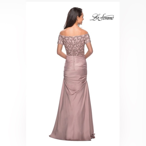 LA FEMME CHAMPAGNE WITH RUCHING SATIN FLOOR GOWN OFF THE SHOULDER  STYLE 25996 - Picture 3 of 4